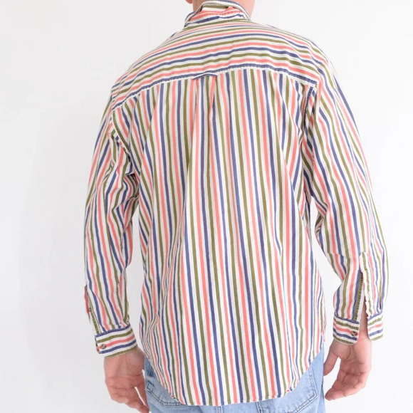 Vintage 90s Eddie Bauer  Blue Coral Stripe Button Down Dress Shirt 100% Cotton M - Picture 2 of 12